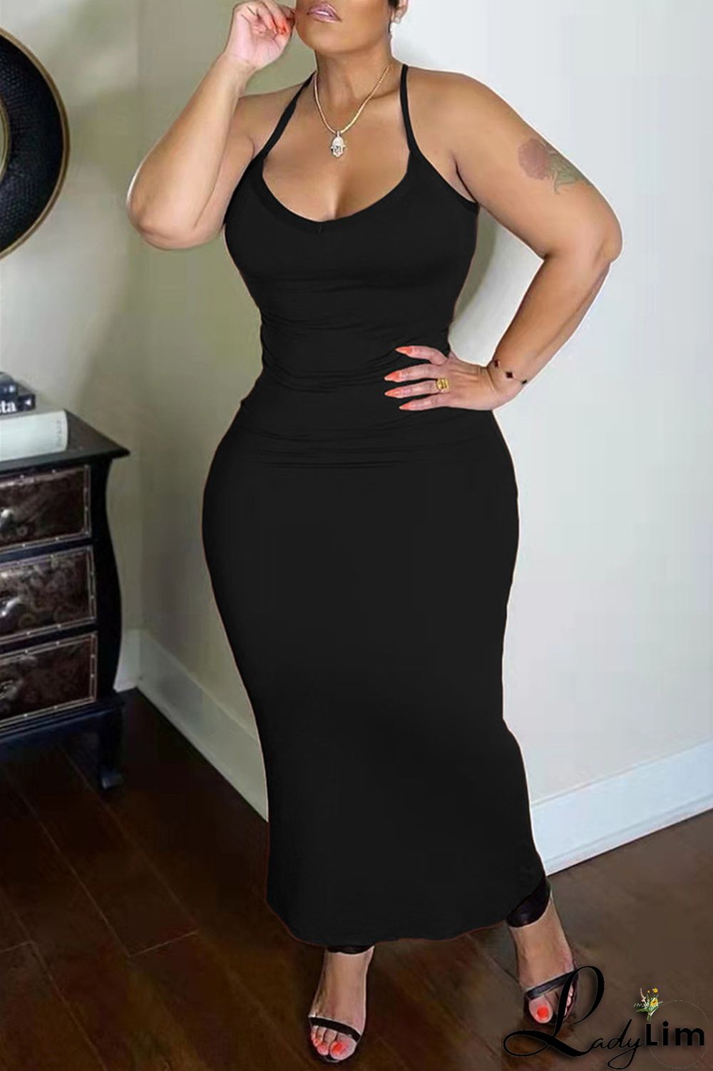 Brown Fashion Sexy Solid Backless Spaghetti Strap Long Dress