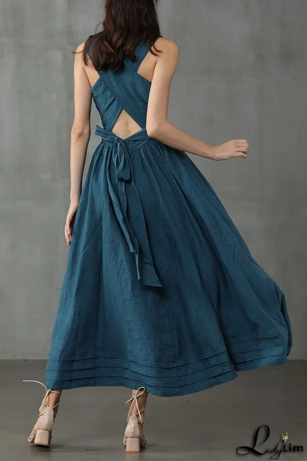 Cross Back O Neck Maxi Linen Dress