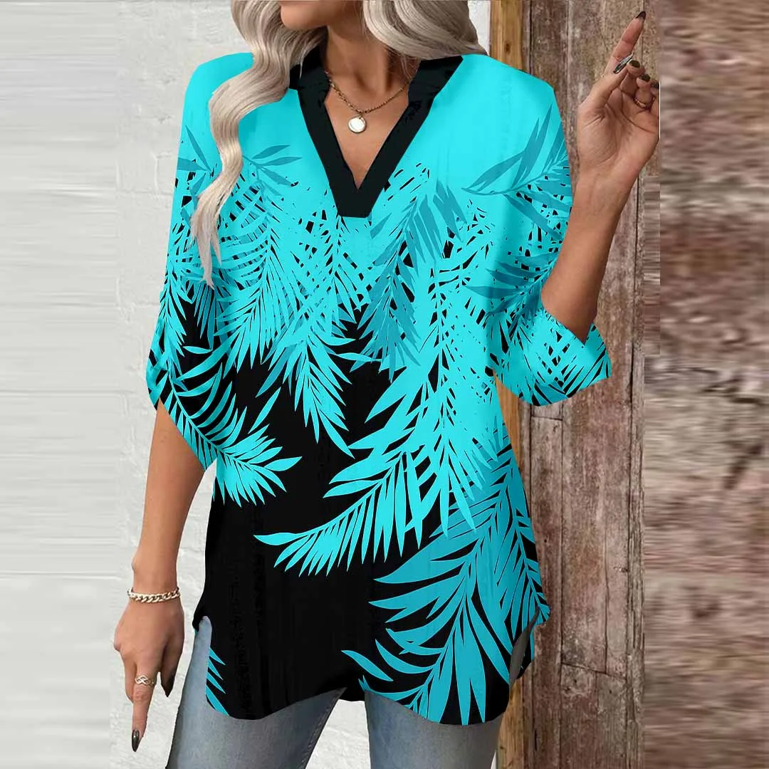 Women Leaf,Fluorescent,Black DZGA0719 3/4 Sleeve V-neck Printed Graphic Button Tops