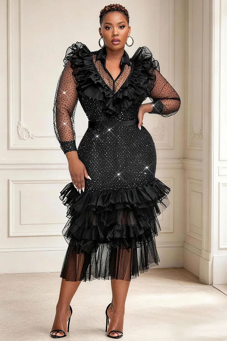 Xpluswear Design Plus Size Cocktail Party Black Shirt Collar Long Sleeve Bodycon See Through Mesh Midi Dresses [Pre-Order] 2024 - Xpluswear