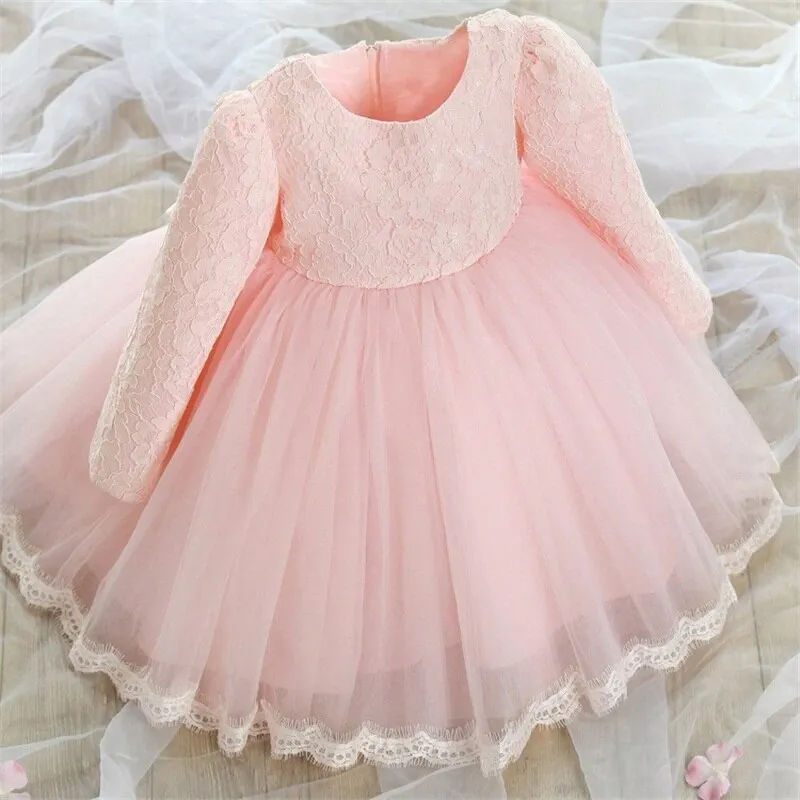 Uveng New Winter Baby Girl Dress 1 year Birthday Dress White Lace Baptism Vestido Infantil Bowknot Princess Dresses for Wedding Party