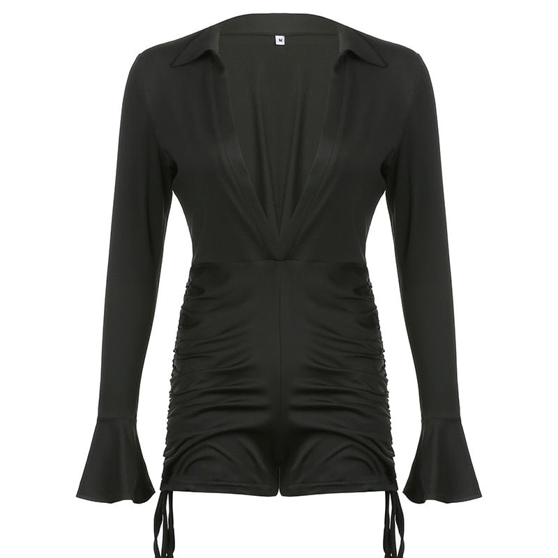 BIIKPIIK V-Neck Long Sleeve Bodycon Playsuits Basic Female Skinny Drawstring One Piece Biker Shorts Romper Casual Jumpsuits