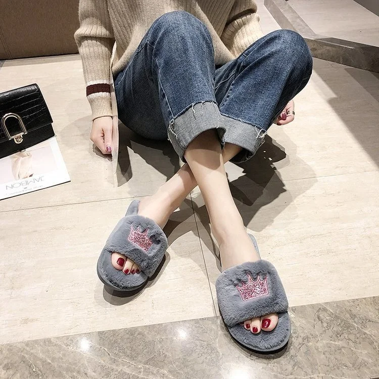 Wongn Wongn Winter New Korean Version Of The Crown Sequins One-Word Plush Warm Wool Slippers Flat Cotton Drag Female
