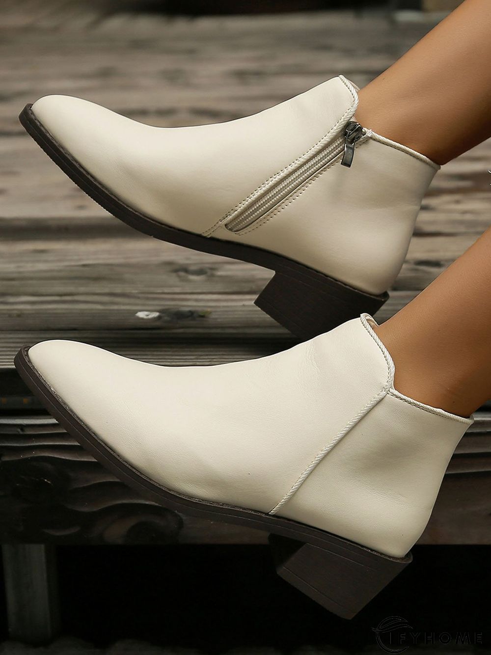 Simple Zipper Pointed Toe Chunky Heel Booties | IFYHOME