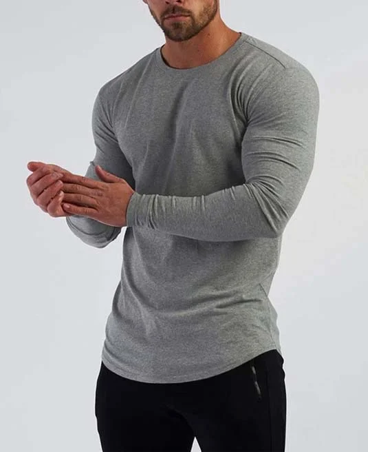 Sporty Crew Neck Slim Solid Color Long Sleeve Shirt 