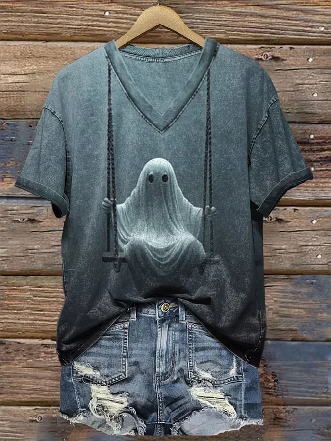 Women's Ghost On Swing Print Casual T-Shirt