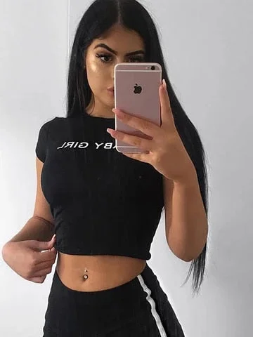 Women Crop Top Baby Girl Babygirl Letters Print Sexy Slim Fit Shirt Causal Short Sleeve Women T Shirts Summer Tops Cropped Tees - Khalesexx