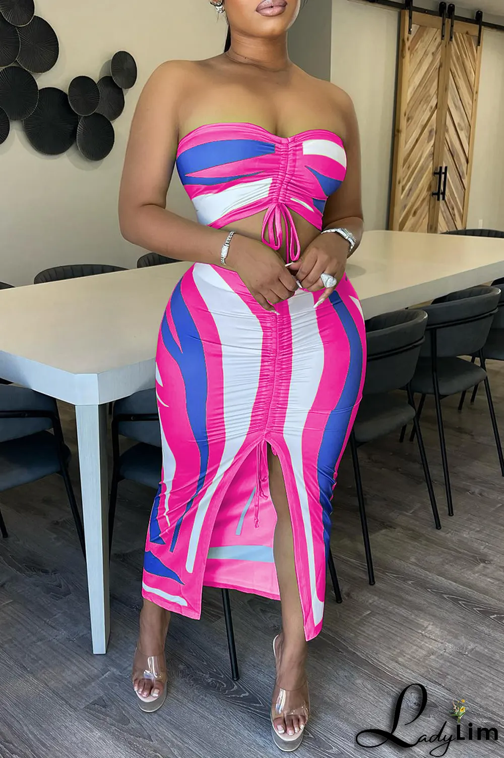 Pink Sexy Print Patchwork Strapless Sleeveless Two Pieces