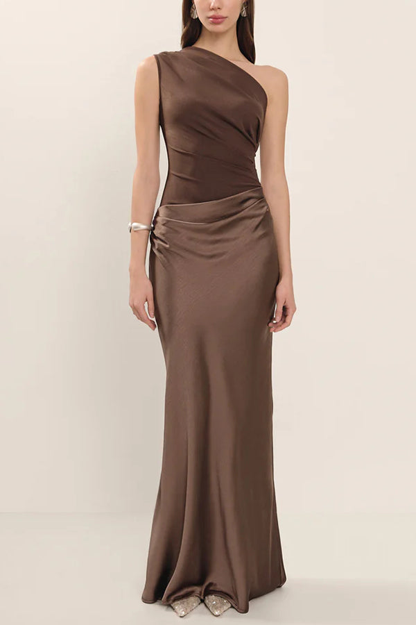 glitzy gala glitter fabric one shoulder ruched slit maxi dress Glitzy Gala Glitter Fabric One Shoulder Ruched Slit Maxi Dress Black-3XL