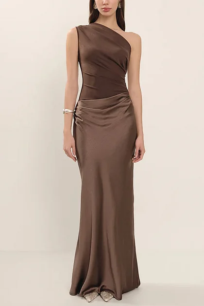 Women's One Shoulder Pleated Maxi Dress