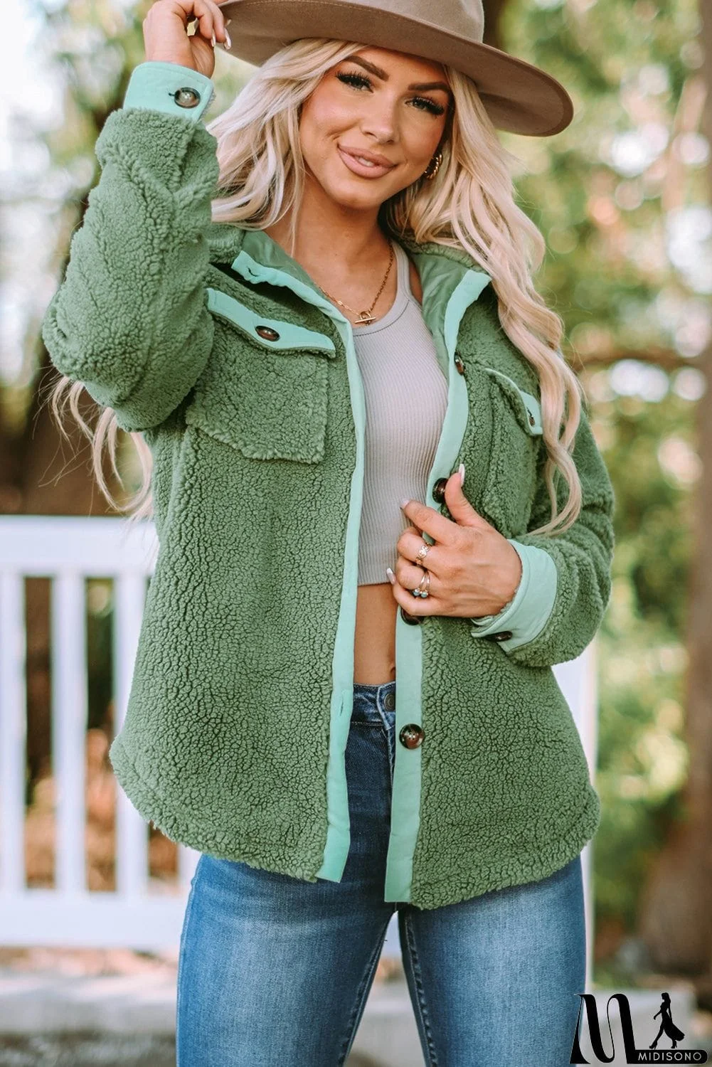 MidiSono - Flap Pocket Button Up Fleece Jacket