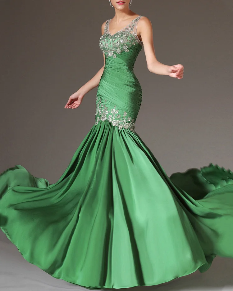 Women Gown maxi dress streamer sequined lace chiffon