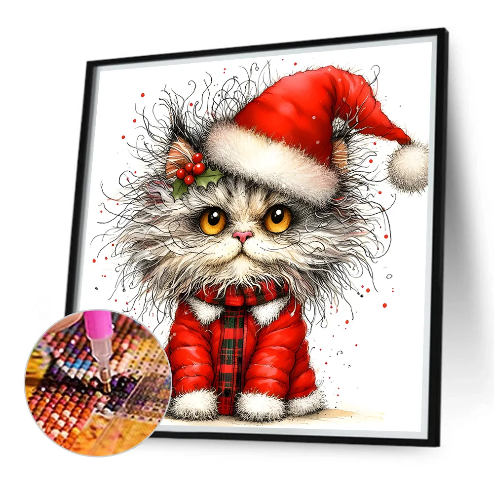 Diamond Painting - Full Round Drill - Xmas Cat(Canvas|30*30cm)