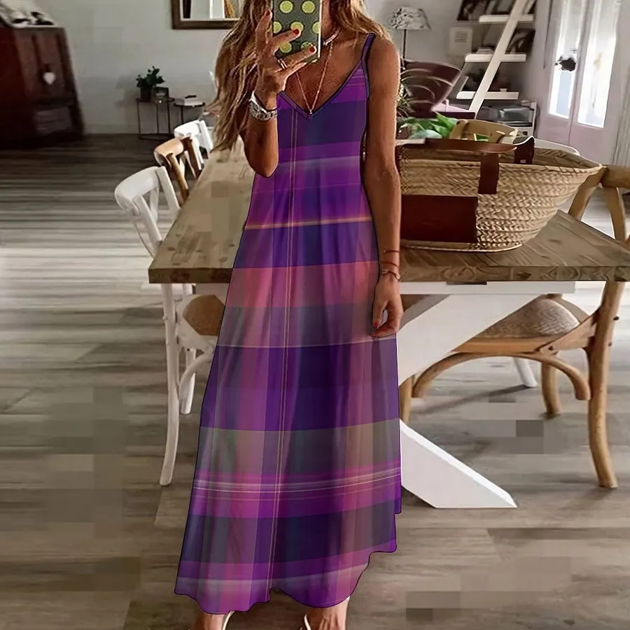 Dark Purple Madras Plaid Stripe Tartan Plaid Women's Casual Strappy V Neck Sleeveless Flowy Loose Long Maxi Beach Dress Sundress Plaid-5XL