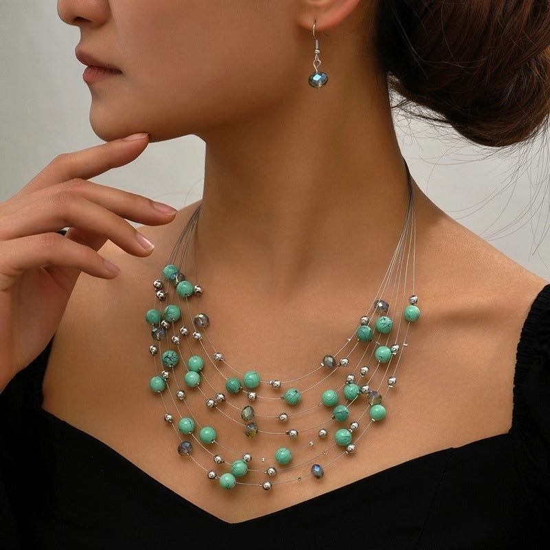 Hot Selling Bohemian Ethnic Style Handmade Beaded Crystal Pearl Multi-layer Necklace Earrings Set For Women