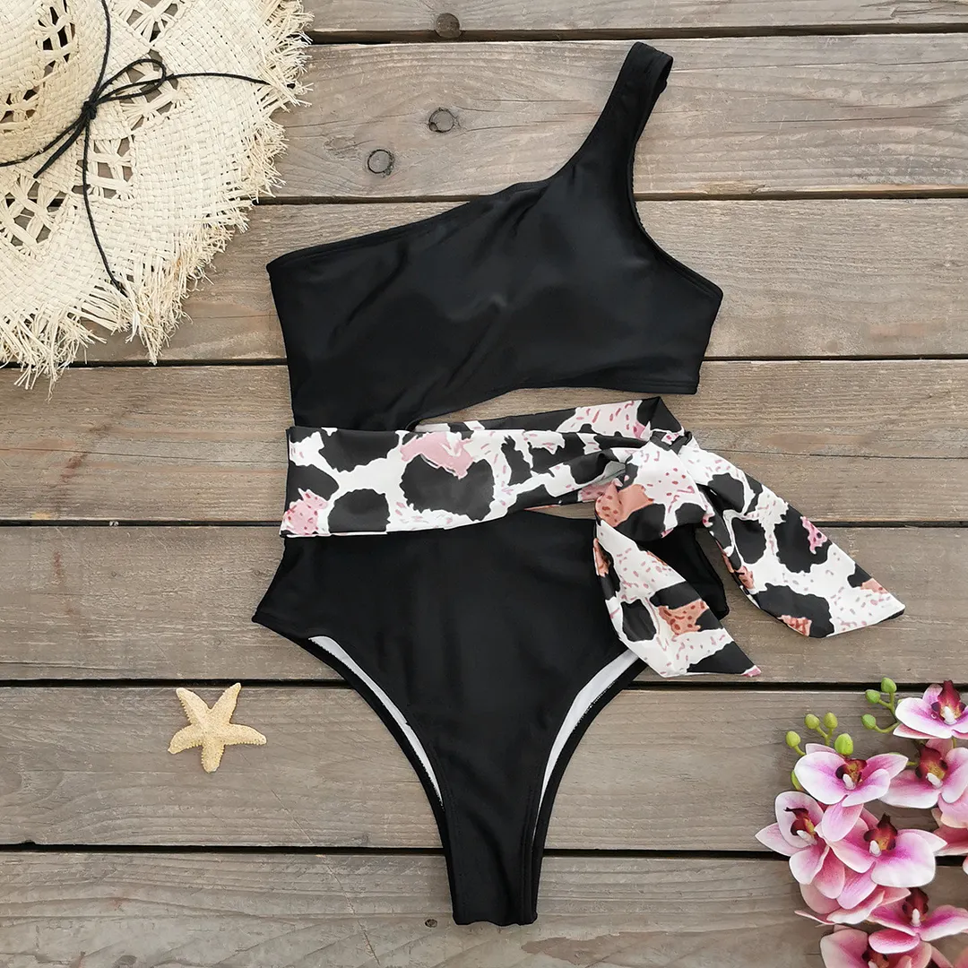 Uveng Single-Body Bikini Women 2025 New One-Shoulder Snilum High-Rise Sexy Swimsuit