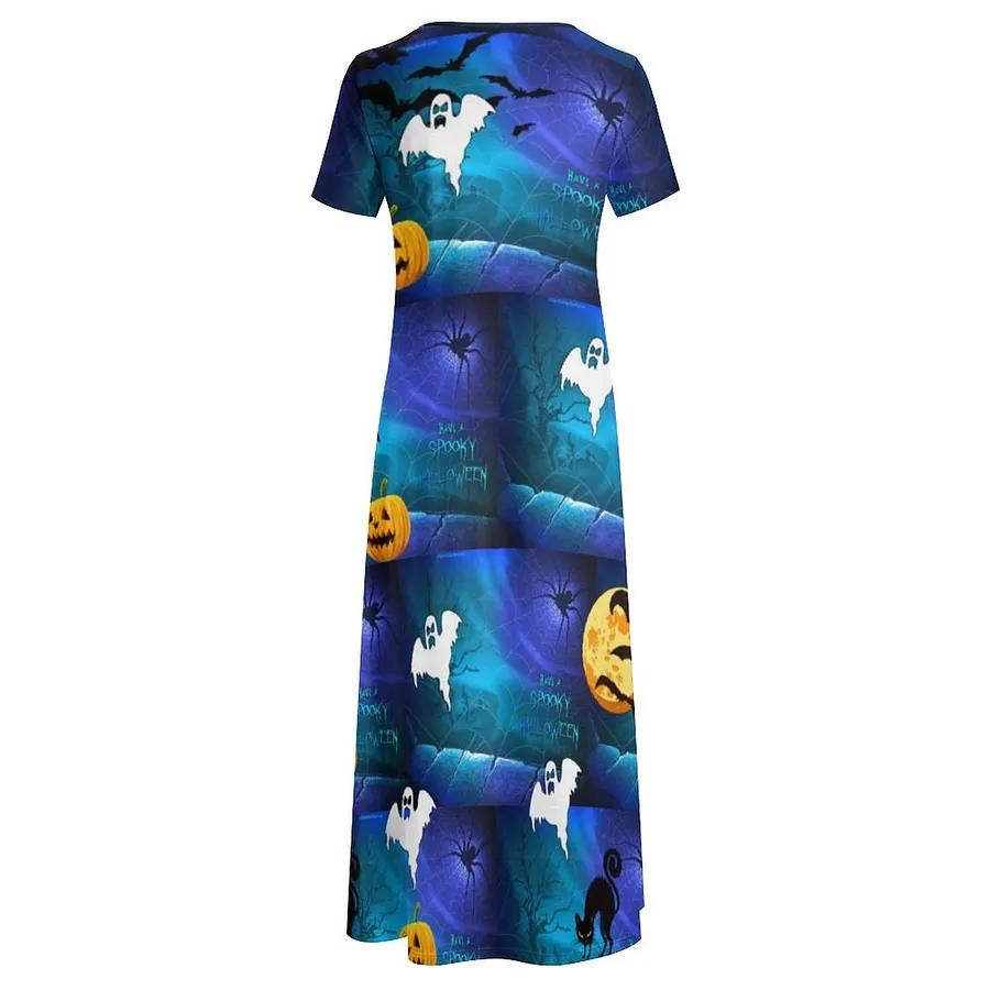 Spooky Halloween Bats Running Summer Hawaiian Boho Long Dress Women Plus  Size Vintage Print Loose Flowy Maxi Dresses
