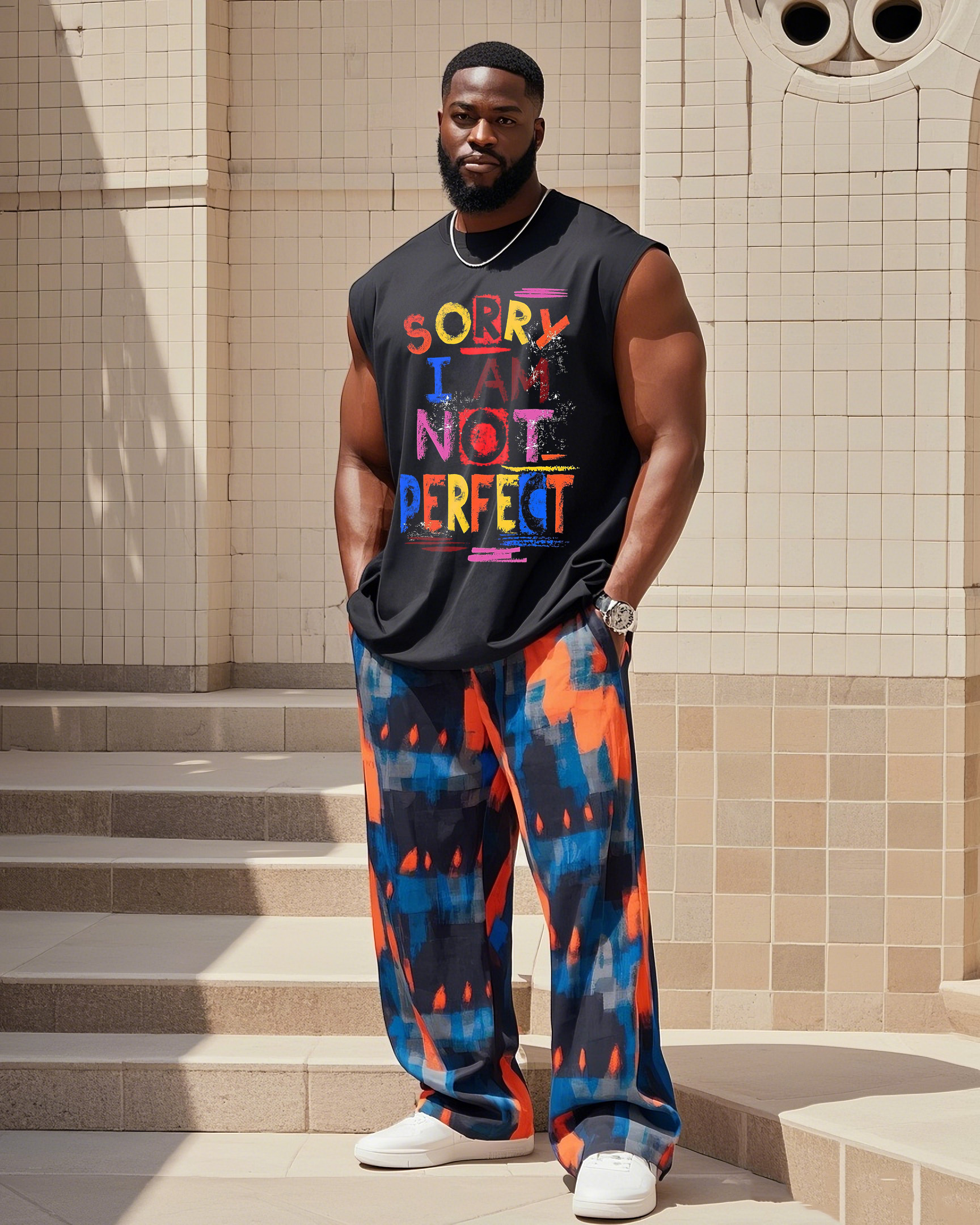 Big Boy Gradient Collision Color Pants/English Printed Vest Trousers Suit