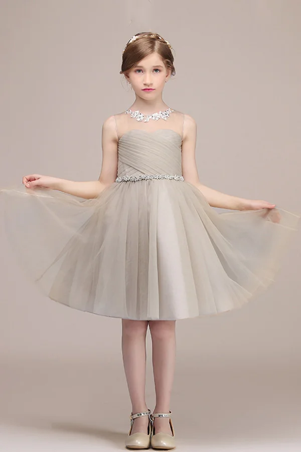 Hellodresses Illussion Neck Sleeveless Flower Girl Dress Tulle with Beadings