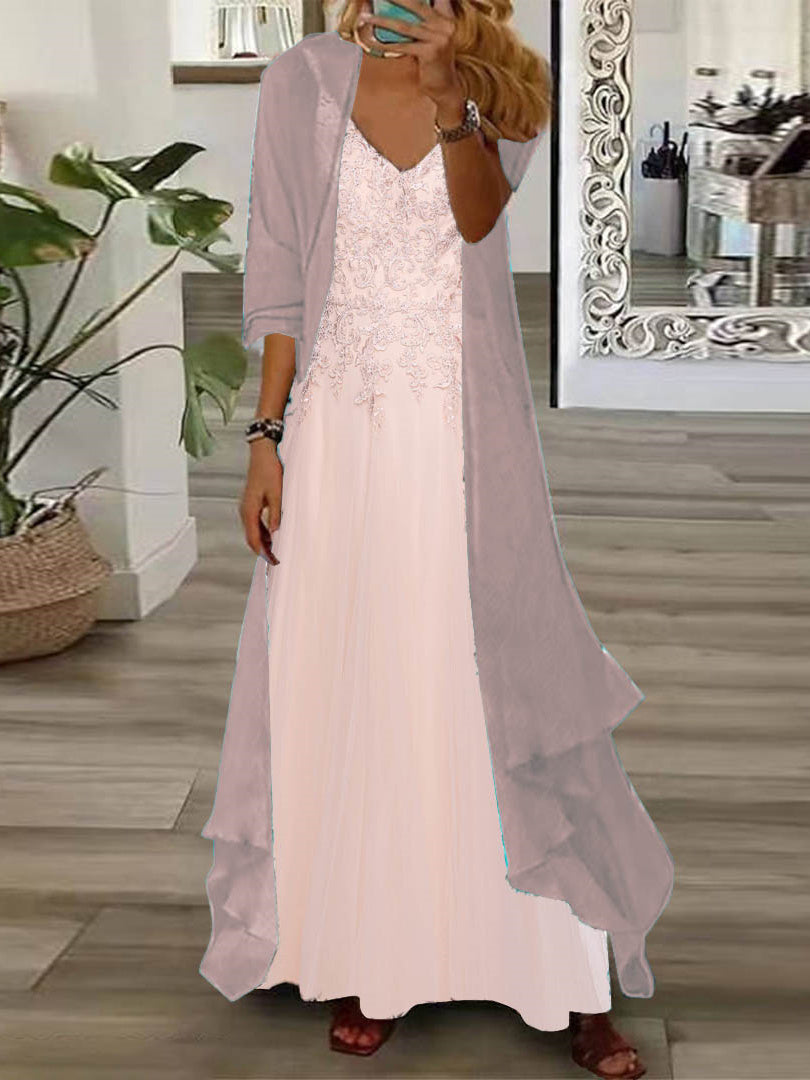 Women's Long Sleeve V-neck Floral Printed Two Pieces Maxi Dress