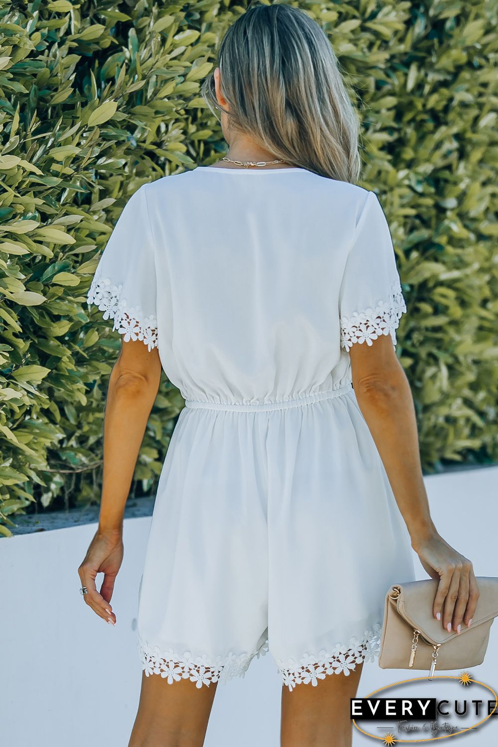 White Applique Lace Trim V-Neck Drawstring Romper