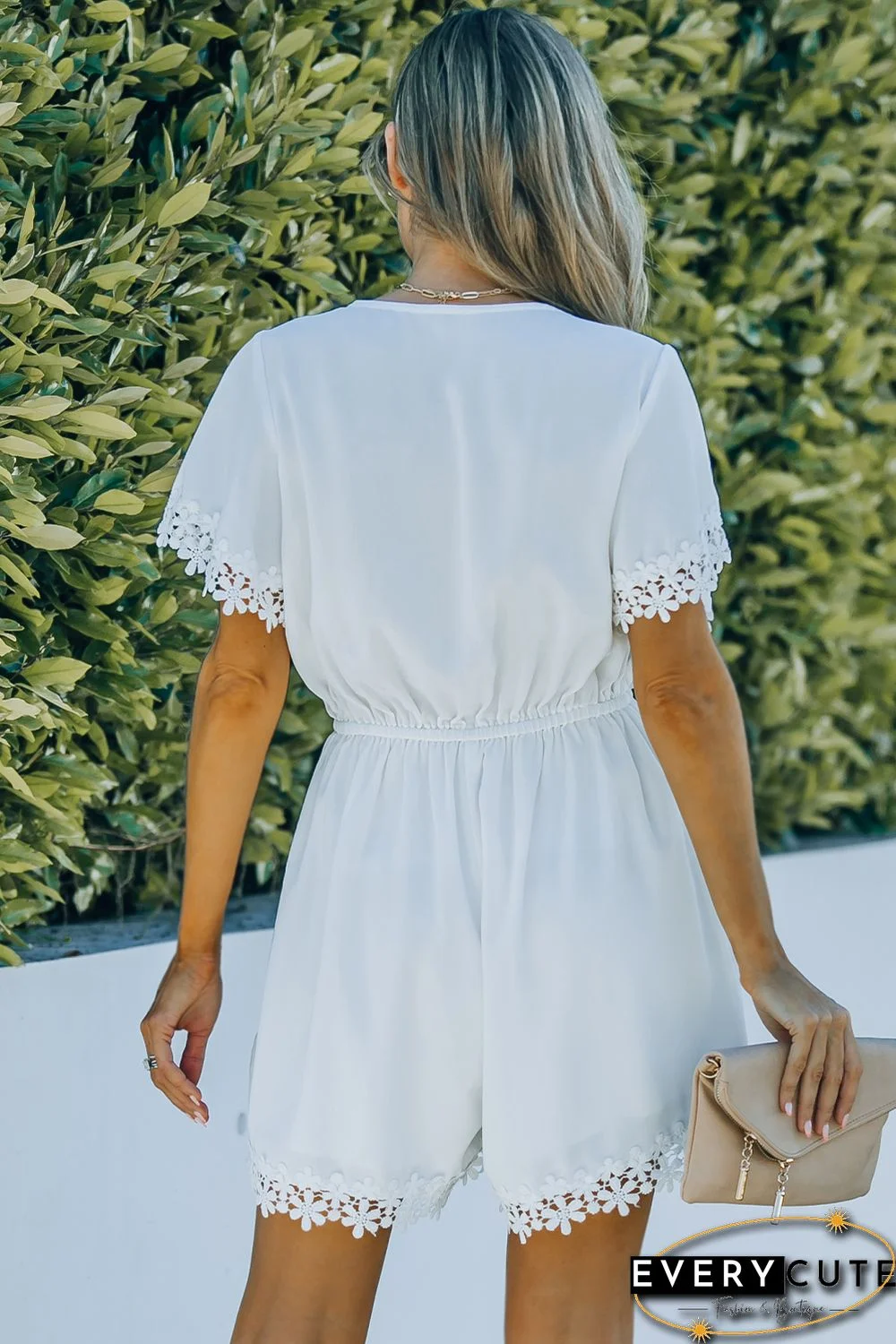 White Applique Lace Trim V-Neck Drawstring Romper