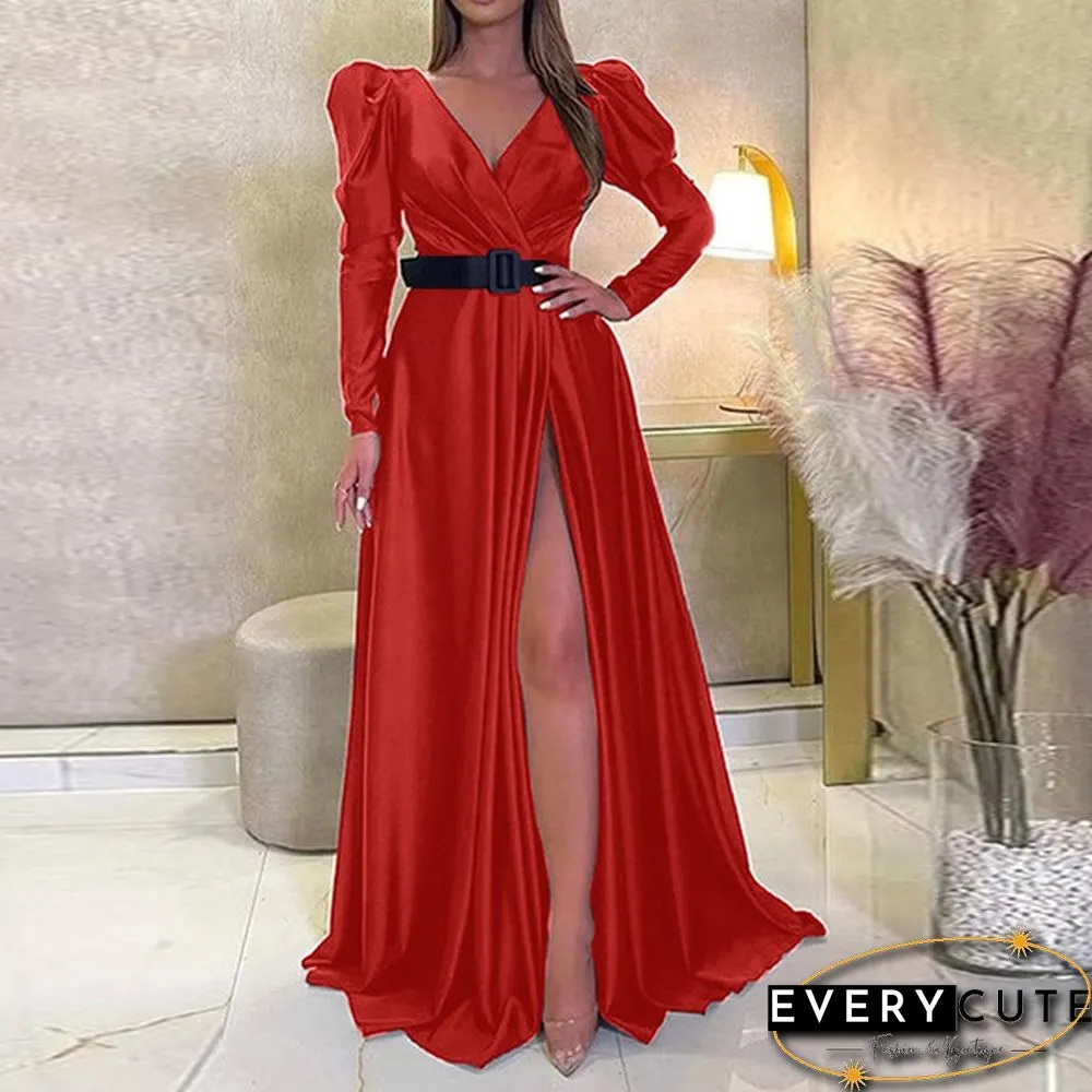 Womens V-Neck Cocktail Prom Sexy Kaftan Evening Split Silky Satin Maxi Dress Party Plus