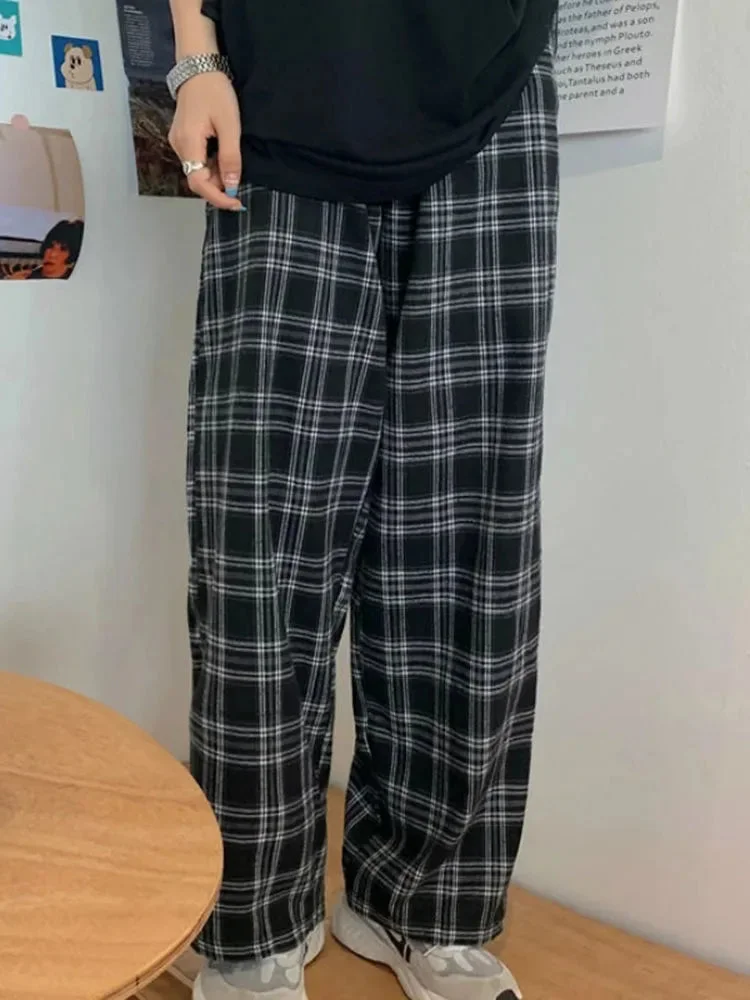 Oocharger Black Women Plaid Pants Casual Oversize Loose Wide Leg Trouser Retro Teens Harajuku Hip-hop All-match Streetwear S - 3XL