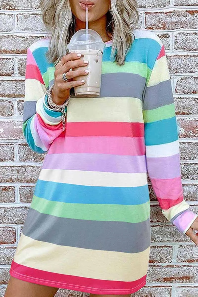 Rainbow Long Sleeve Stripes Mini Dresses