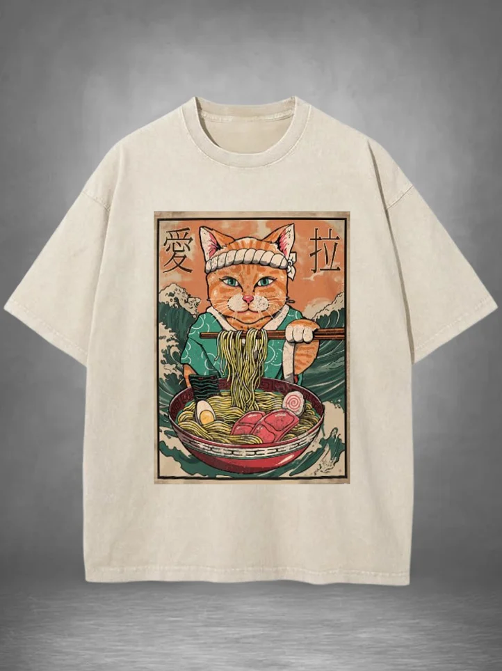 Men's Japanese Samurai Cat Eating Ramen Print Cotton Washed T-Shirt