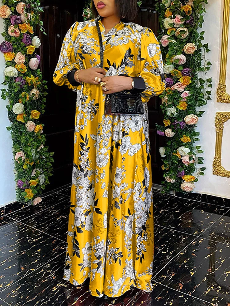 Random Flower Print Satin Long Sleeve V-neck Maxi Dress SKUJ39415 QueenFunky