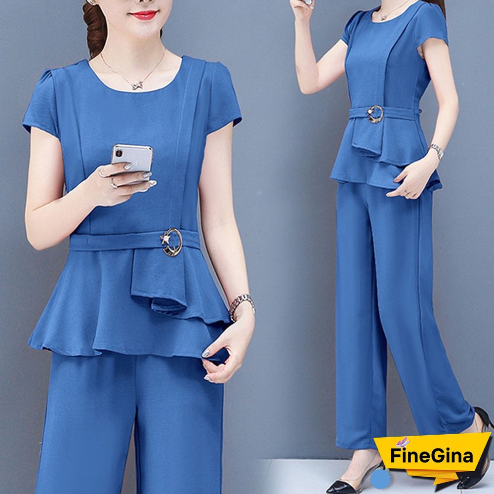 Summer 2 Two Piece Sets Outfits Women Plus Size Short Sleeve Tunics Tops And Pants Suits Office Elegant Korean Sets