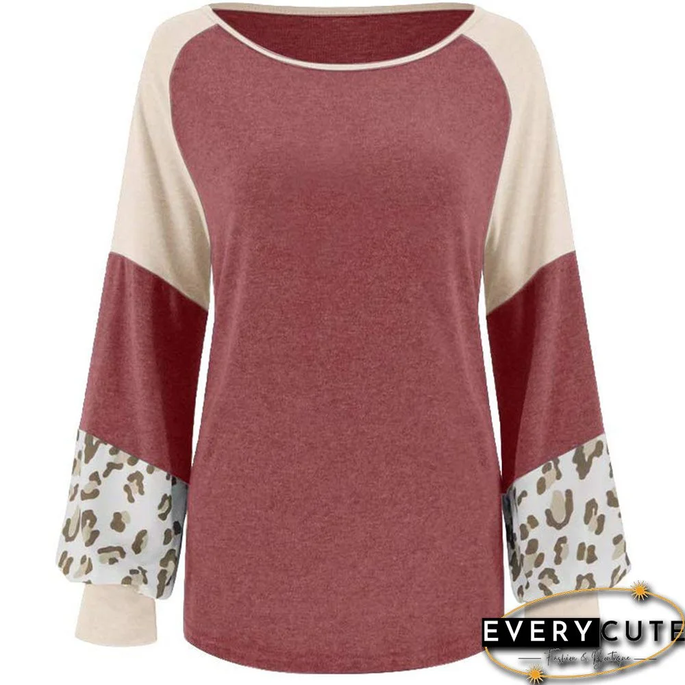 Rust Red Splice Leopard Sleeves Color Block Tops