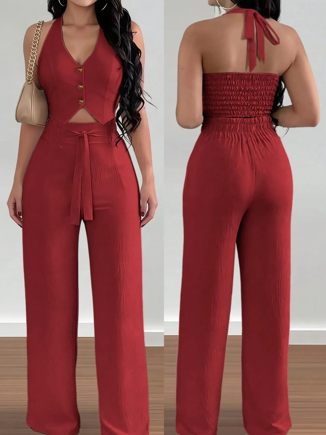 Women's  Halter Crop Top & Wide-Leg Pants Set, Womenswear, Comfortable Woven Material & Halter Neck Design & Smocked Back & Tie-Waist Silhouette，2pcs