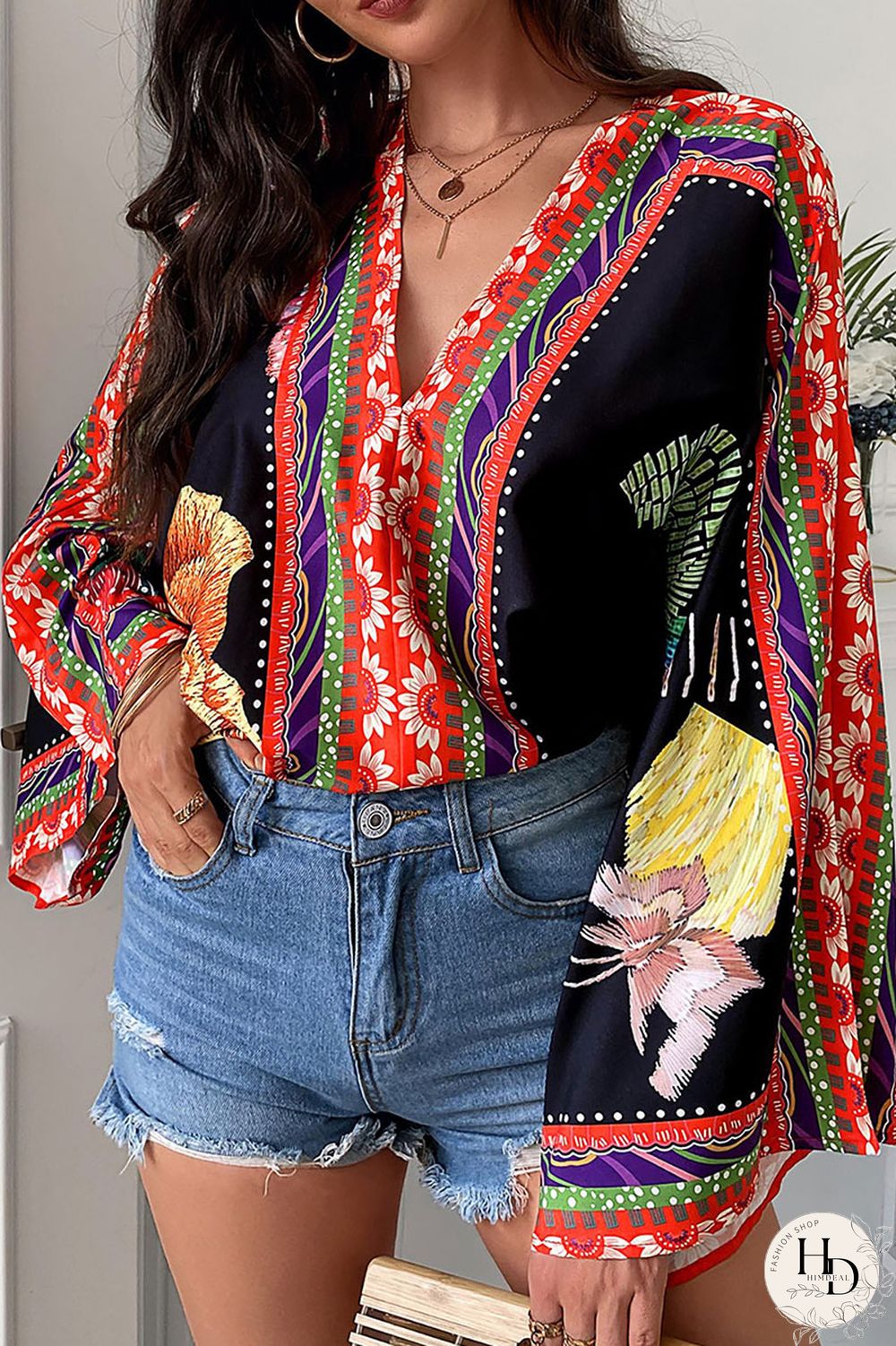 White Fashion Casual Print Split Joint V Neck Tops