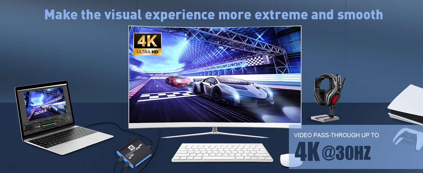 4K capture card: laptop, 4K monitor, console, headphones, OBS live streaming, 4K@30Hz pass-through