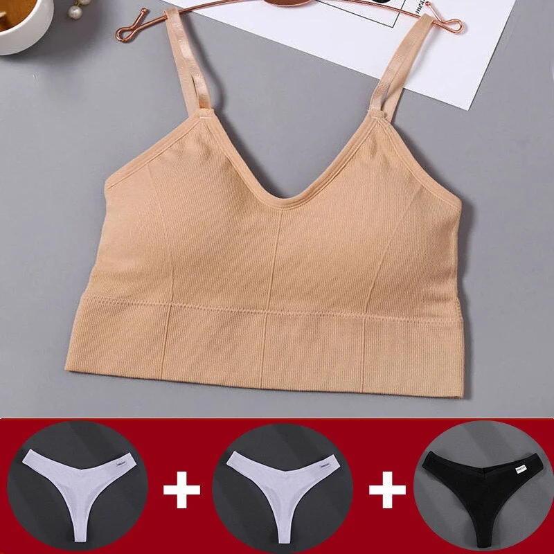 Tank Crop Top Bra + 3PCS Panties Set Fashion Solid Color Bra Set for Women Intimates Underwear Female Lingerie Casual Bralette