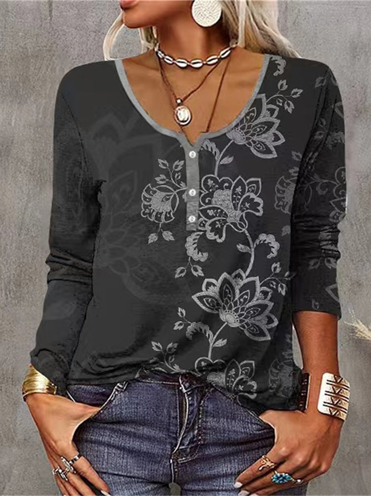 Women Long Sleeve V-neck Graphic Floral Printed Top