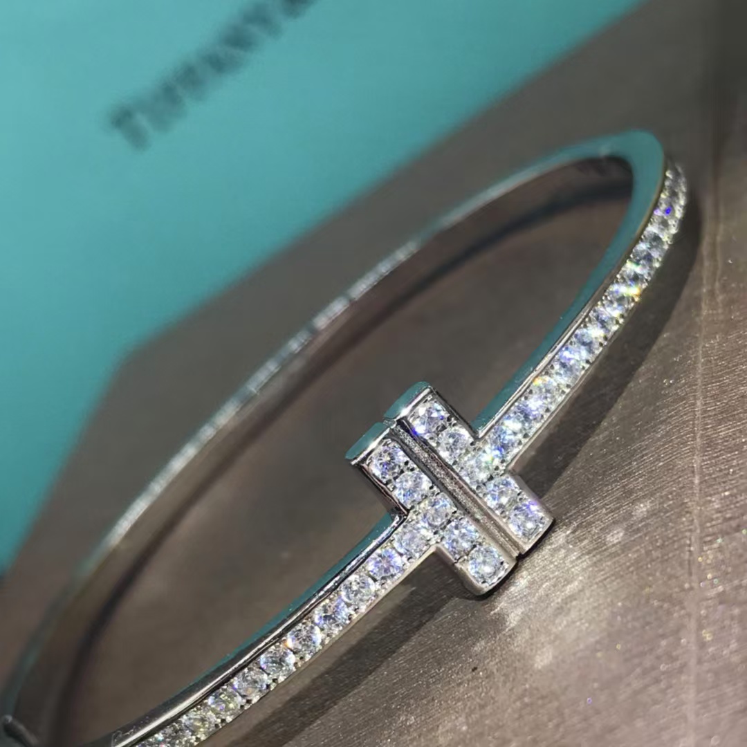 Buy replica Tiffany Full Diamond Paved Double T Bangle and replica jewelry from PICKS Jewelry