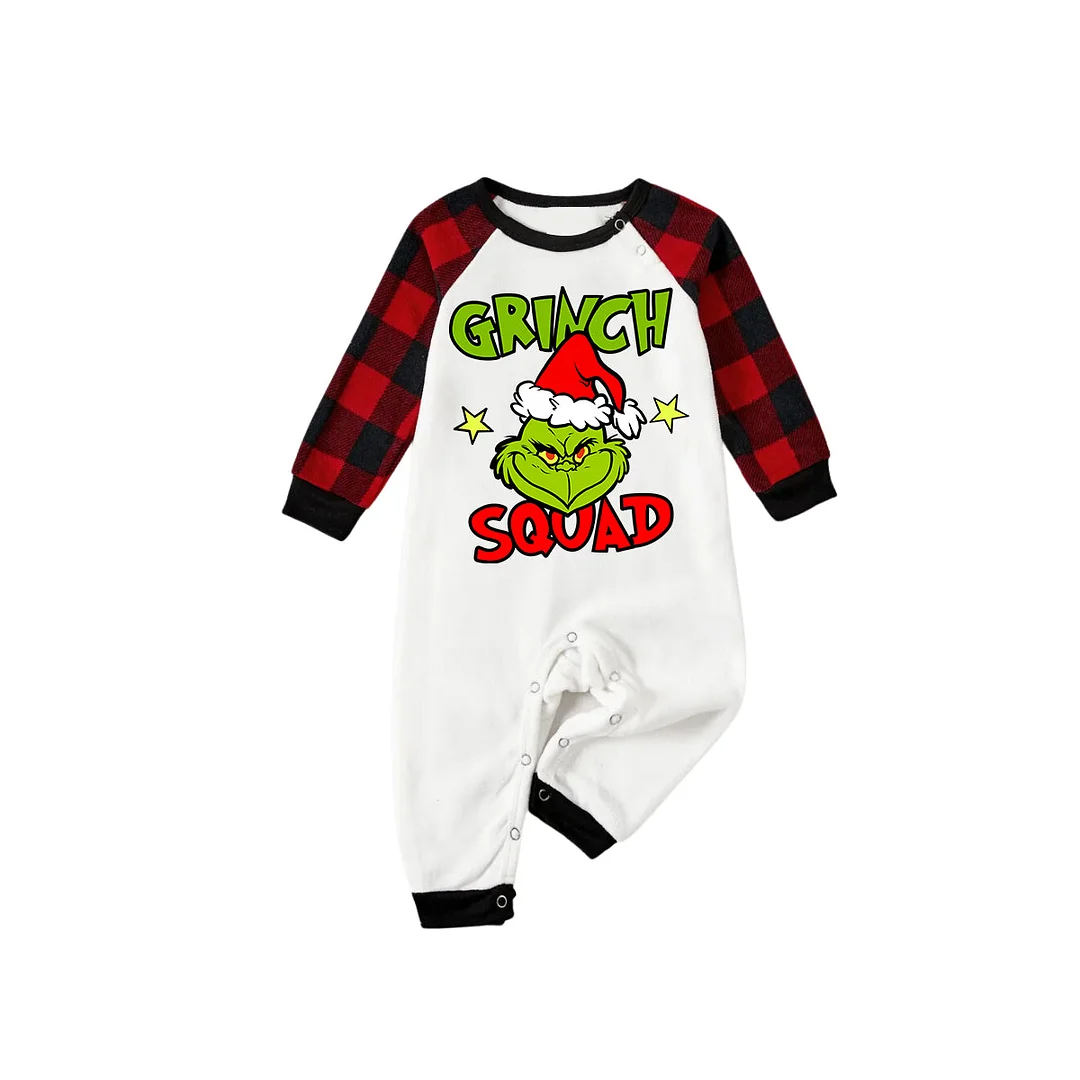 Cute Cartoon and Funny Christmas Slogan Print Contrast White Long Sleeve with Classic Red and Black Plaid Pants Family Matching Pajamas