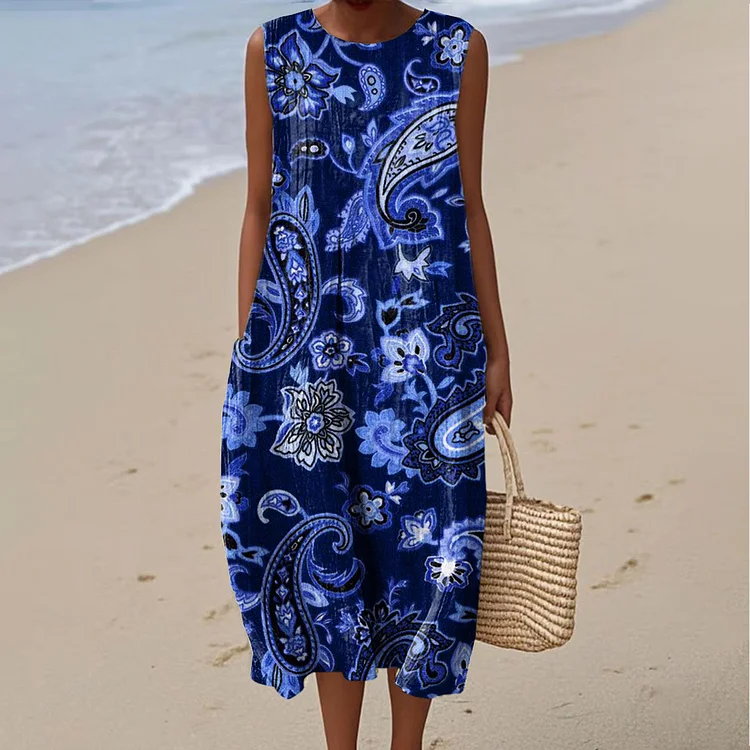 Women's Vintage Ethnic Floral Art Print Sleeveless Cotton Pocket Wrap Dress