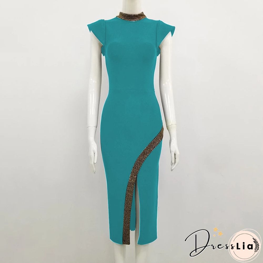 New Women Summer Sexy Turtleneck Beading Split Midi Black Bodycon Bandage Dress Elegant Evening Party Dress Vestidos