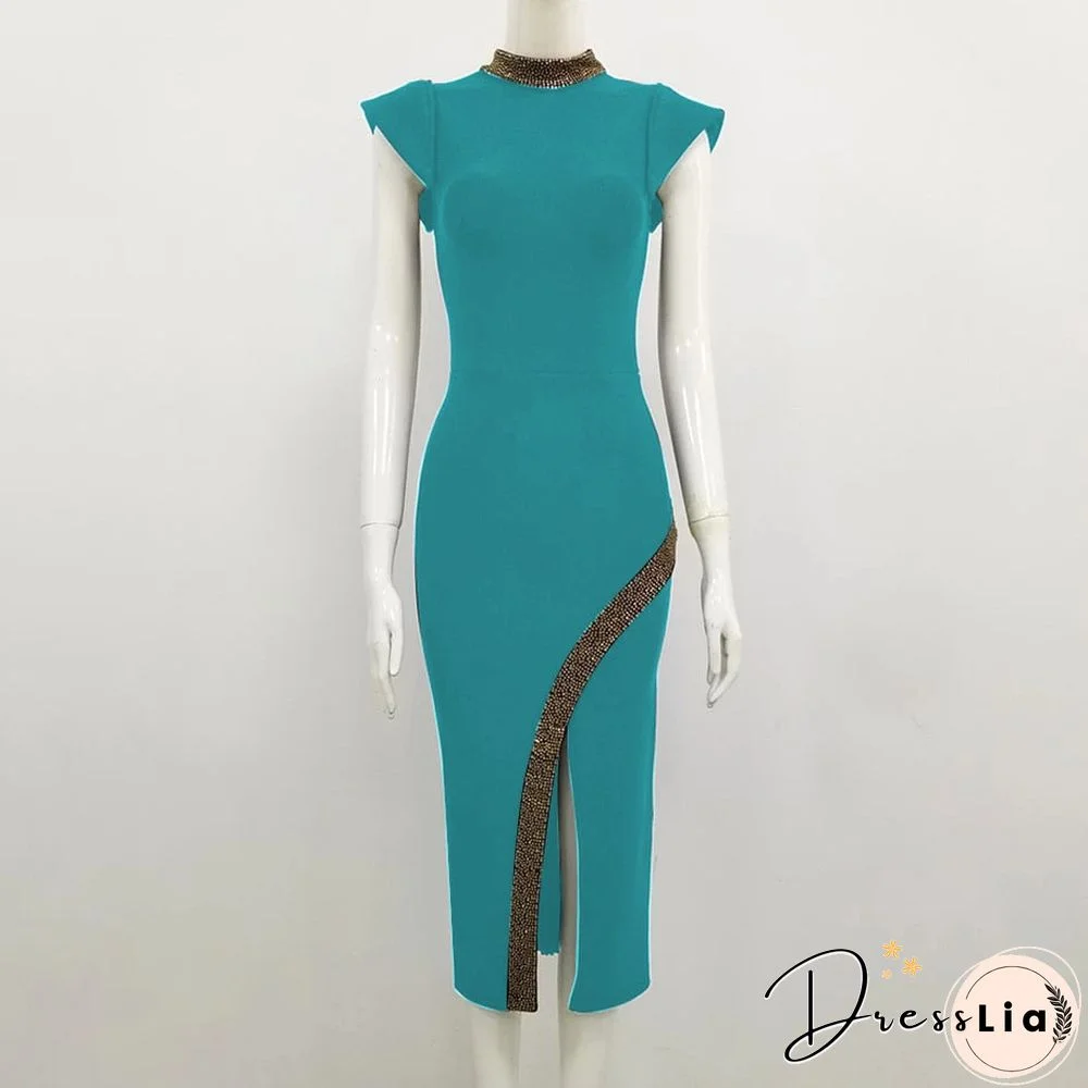 New Women Summer Sexy Turtleneck Beading Split Midi Black Bodycon Bandage Dress Elegant Evening Party Dress Vestidos