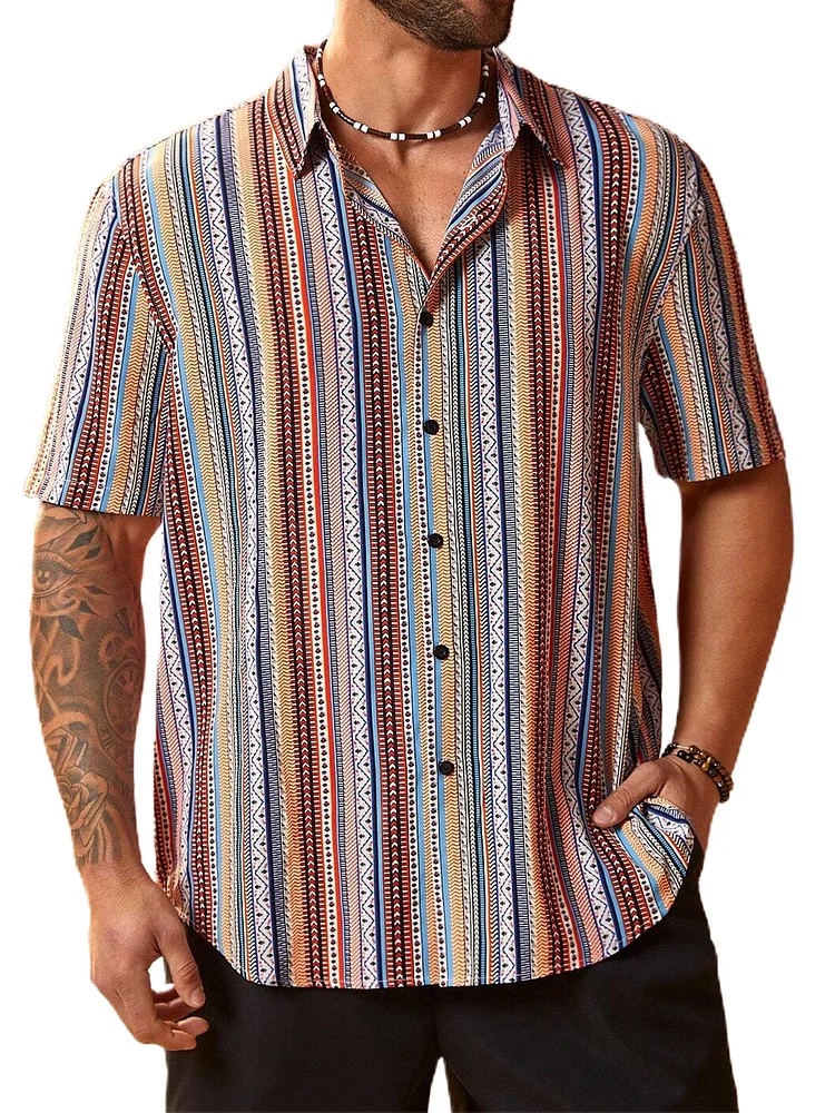 Men's Ethnic Stripe Hawaiian Print Short Sleeve Shirt