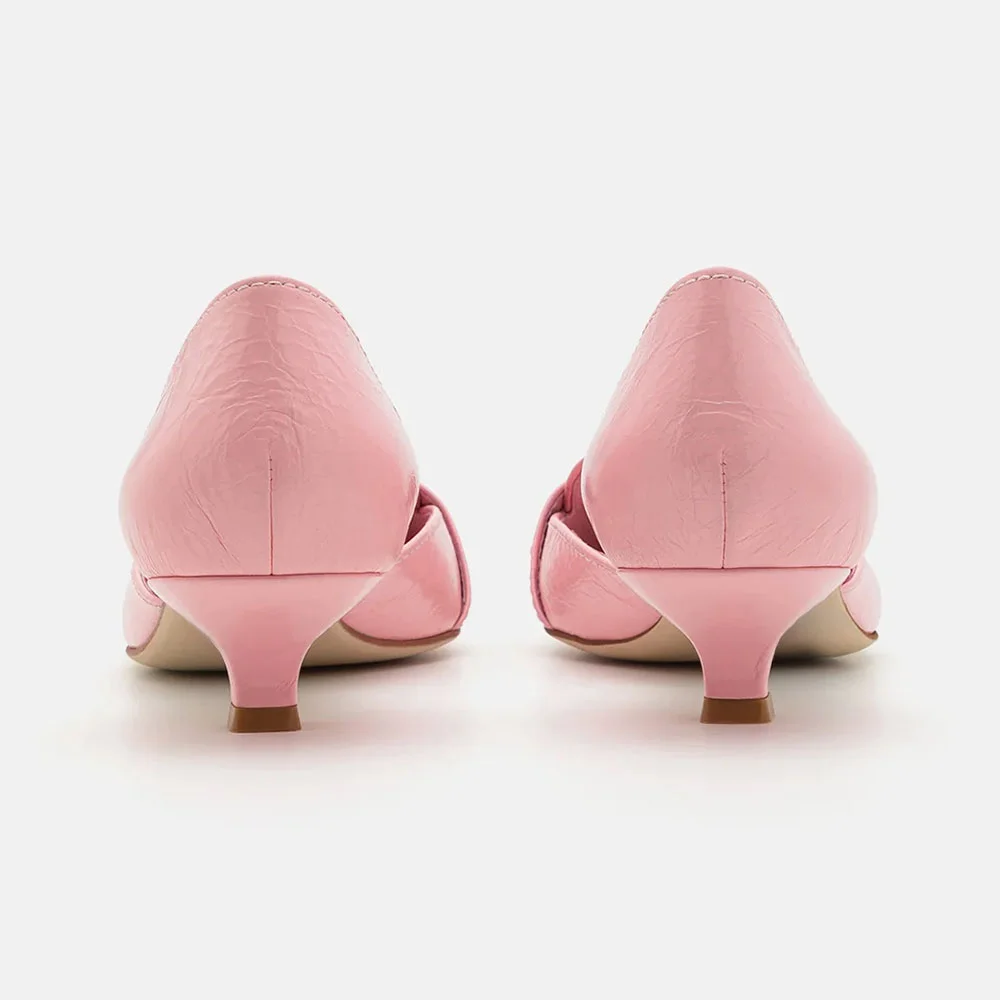 Pink Faux Leather Pointed Toe Kitten Heel Grommet Buckle Pumps Shoes