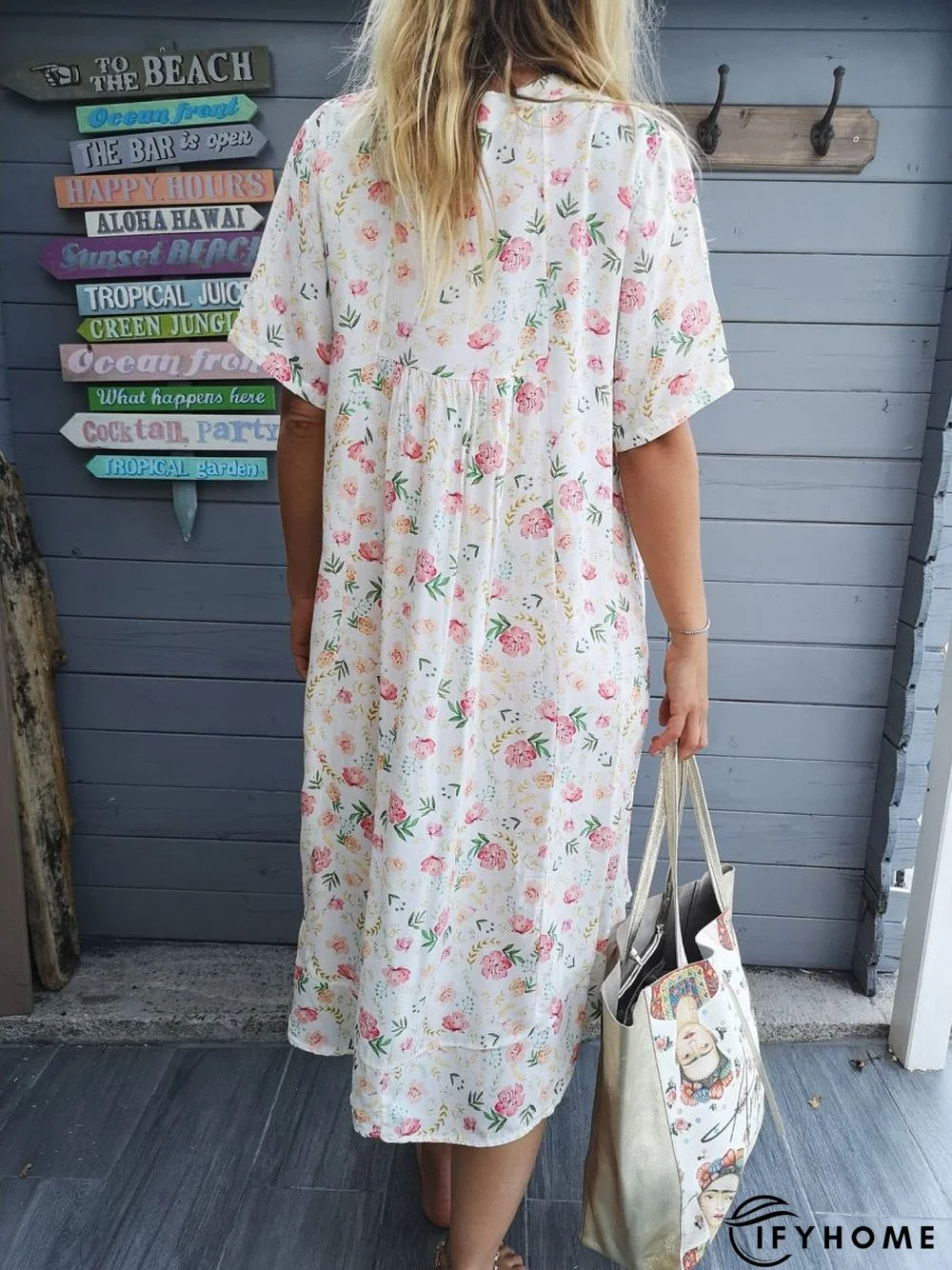 Short Sleeve V Neck Casual Floral Weaving Dress | IFYHOME