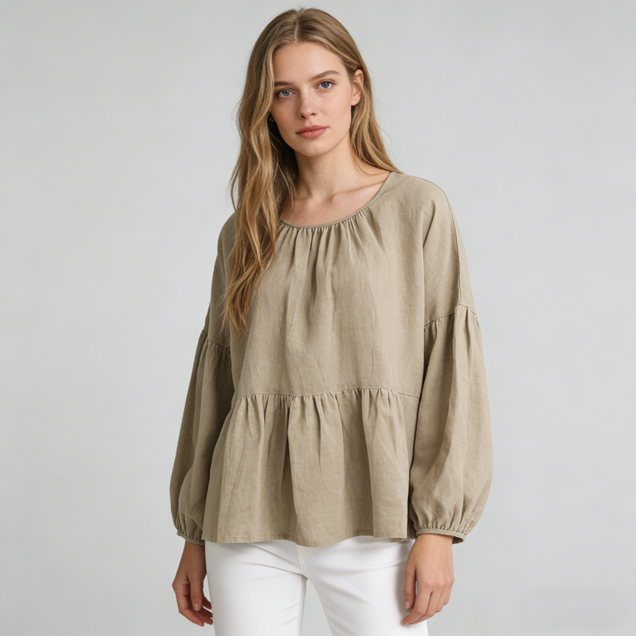 Linen Peplum Blouse Women 100% Linen Balloon Sleeve Casual Top REAL SILK LIFE