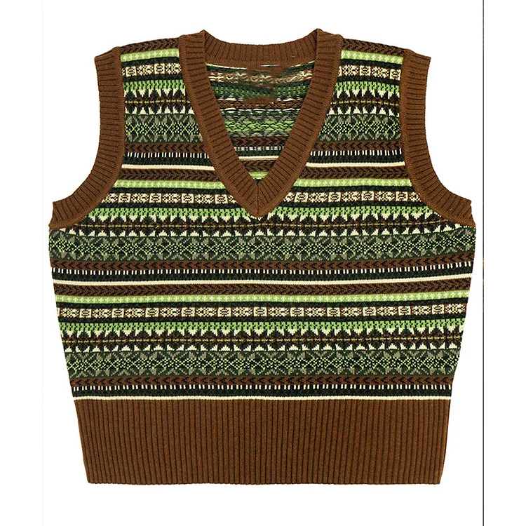 Vintage Geometric Pattern Icelandic Knitted V-Neck Sweater