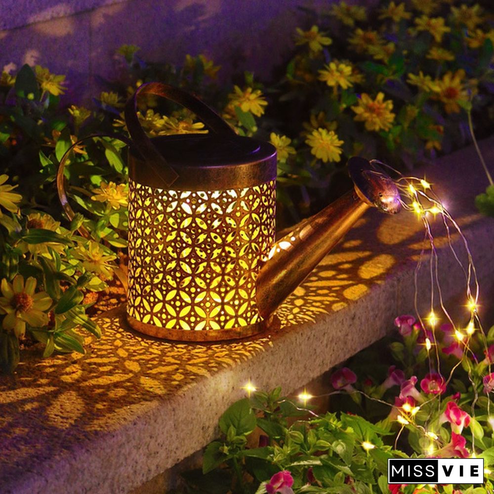Retro Solar Watering Can Sprinkles LED Light Fairy Metal Wrought Iron Hollow Out Lamp