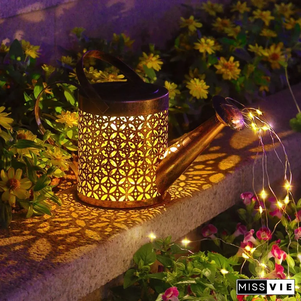 Retro Solar Watering Can Sprinkles LED Light Fairy Metal Wrought Iron Hollow Out Lamp